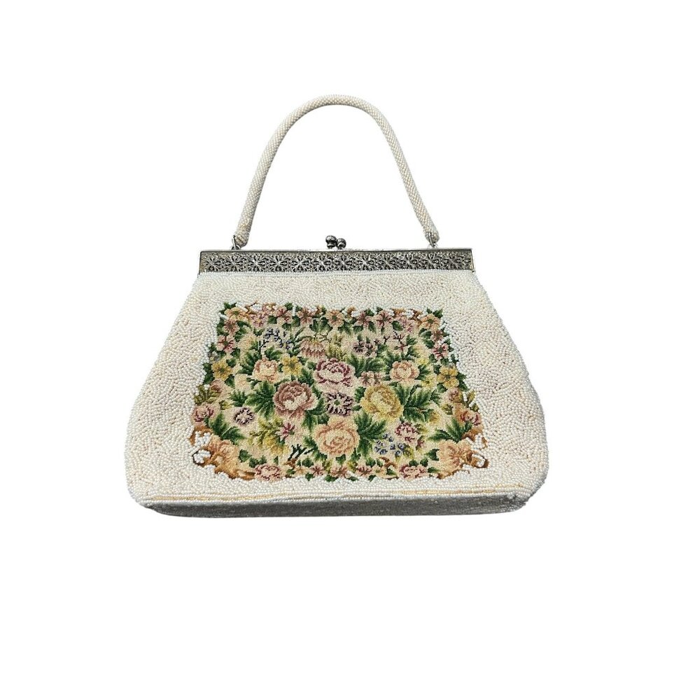 Vintage Micro Glass Beaded Petit Point Floral Purse Handbag Collectible Romantic